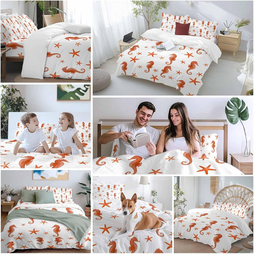 Orange Marine Life Duvet Cover Set Queen Size 4 Pieces Summer Seahorse and Starfish Ocean Theme Bedding Set with Zipper Closure, 1 Comforter Cover 90x92 Inches 1 Flat Sheet & 2 Pillow Cases