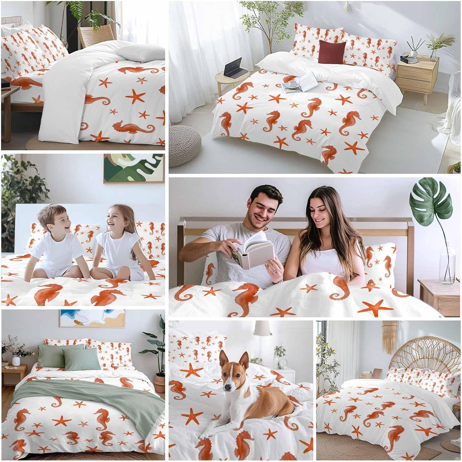 Orange Marine Life Duvet Cover Set Queen Size 4 Pieces Summer Seahorse and Starfish Ocean Theme Bedding Set with Zipper Closure, 1 Comforter Cover 90x92 Inches 1 Flat Sheet & 2 Pillow Cases