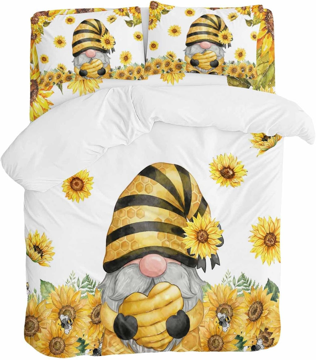 Summer Floral Duvet Cover Set Queen Size 4 Pieces Watercolor Sunflower Cartoon Gnome Farm Bee Bedding Set with Zipper Closure, 1 Comforter Cover 86x86 Inches 1 Flat Sheet & 2 Pillow Cases