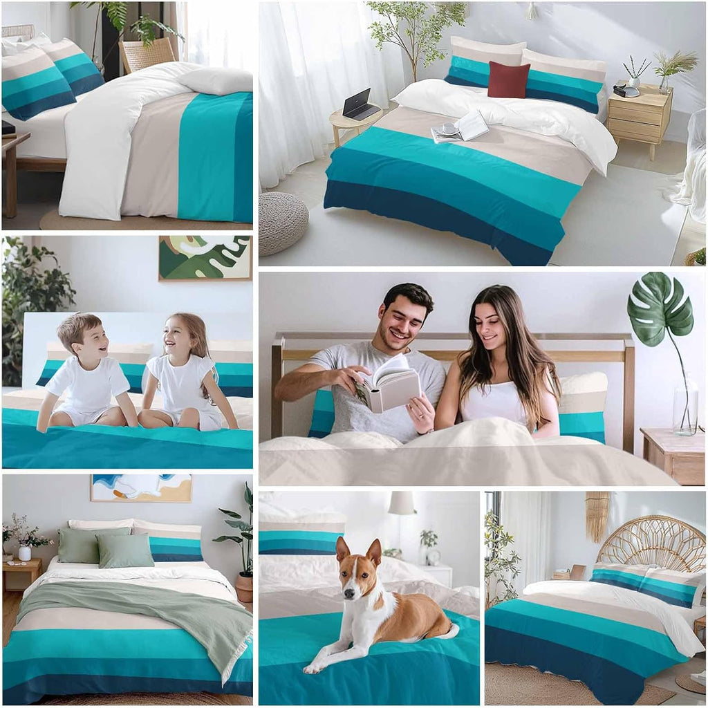 Prime Leader Geometric Stripes Duvet Cover Set Queen Size 4 Pieces Minimalist Turquoise Gradient Pattern Bedding Set with Zipper Closure, 1 Comforter Cover 90x92 Inches 1 Flat Sheet & 2 Pillow Cases
