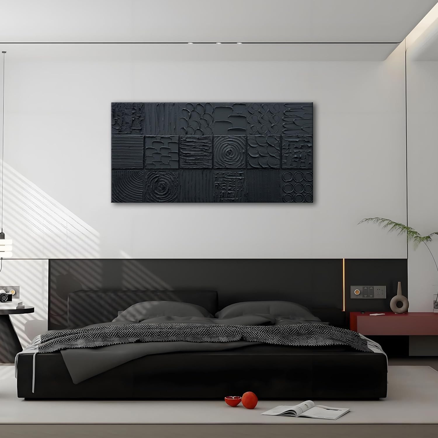 zoinart Pure Black Textured Wall Art 48x24 Inches Modern Abstract Oil Paintings on Canvas Wall Art for Living Room Bedroom Wall Decor