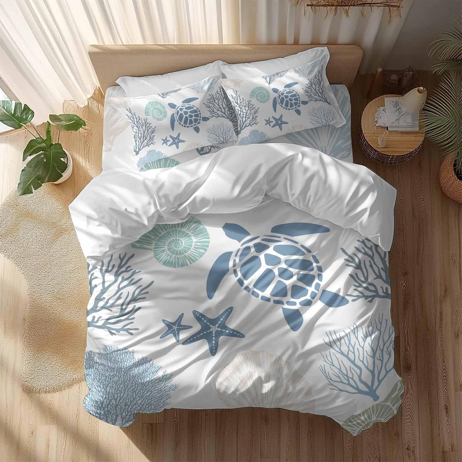 Summer Marine Life Duvet Cover Set Queen Size 4 Pieces Graffiti Sea Turtle Starfish Teal Conch Coral Bedding Set with Zipper Closure, 1 Comforter Cover 92x106 Inches 1 Flat Sheet & 2 Pillow Cases