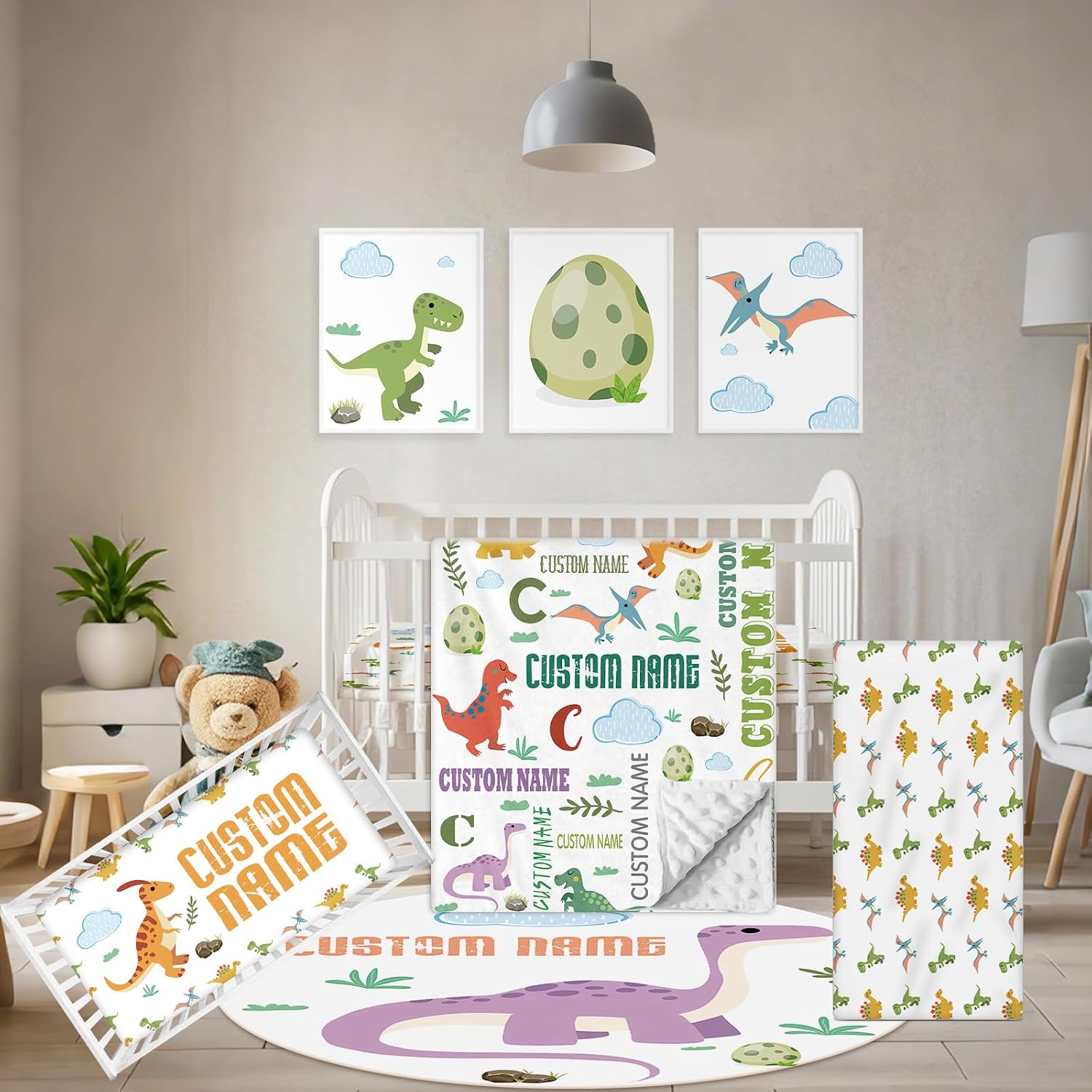 Terwex Personalized Baby Bedding Set, 5 Pcs Custom Baby Crib Sets with Name, Dino Toddler Bedding Set for Baby Boys Girls, Double Layer Flannel Nursery Bedding Set, Customized Gifts for Kids Infants