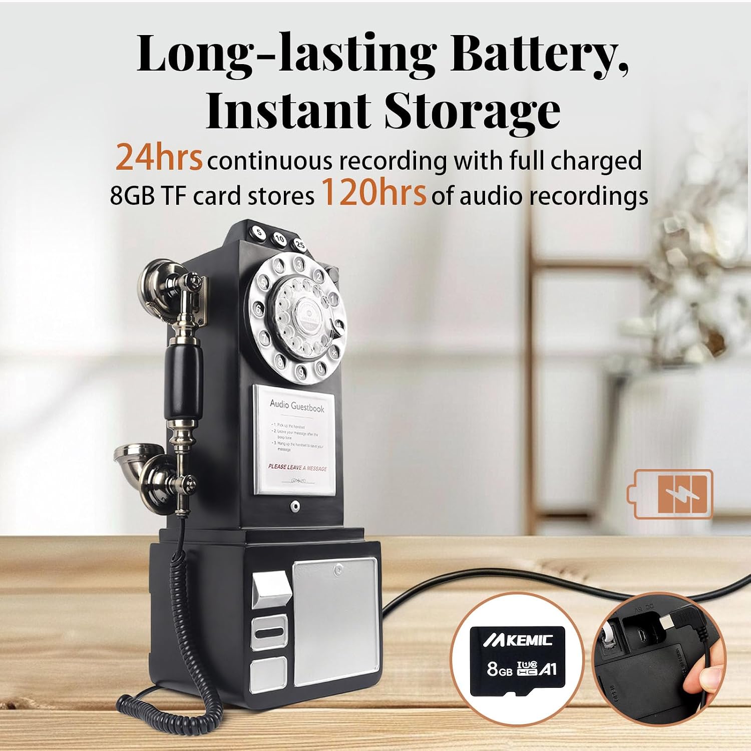 Audio Guest Book Wedding Phone with Vintage Design, Record Customized Audio Message Guest Book for Wedding, Party and Gathering, Black