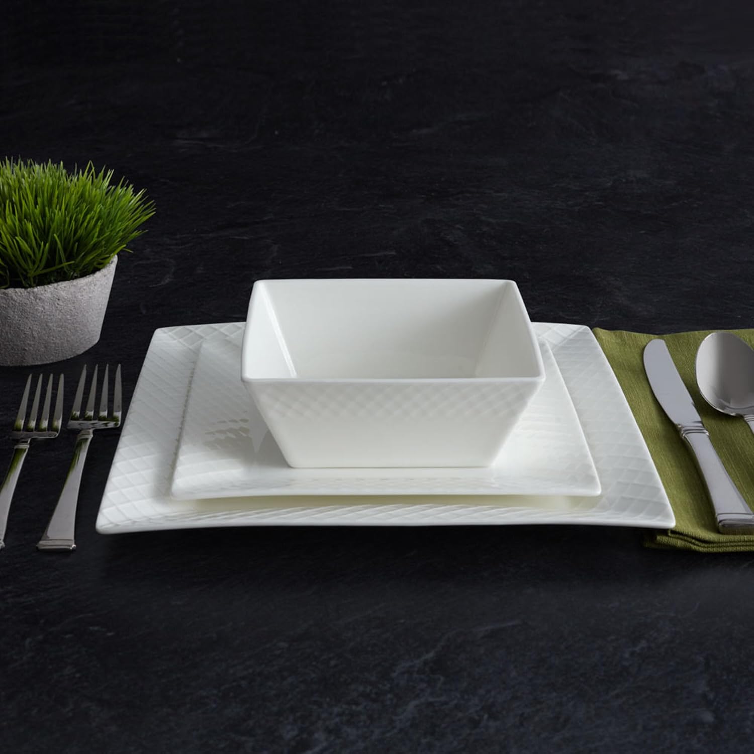Trellis White Square 16 Piece Dinnerware Set, Service For 4