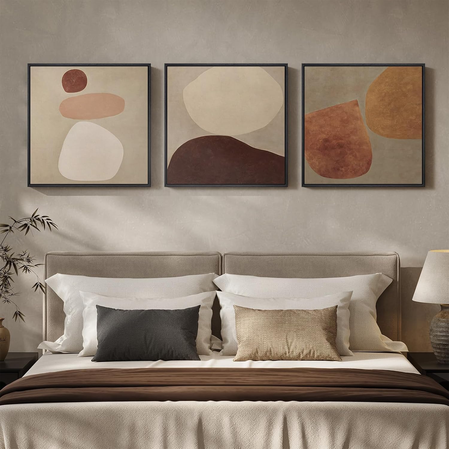 Large Framed Neutral Abstract Wall Art for Living Room, Mid Century Modern Canvas Prints Artwork for Walls, Warm Boho Wabi Sabi Square Earth Tone Pictures for Dining Room Bedroom Office Decor, 24x24