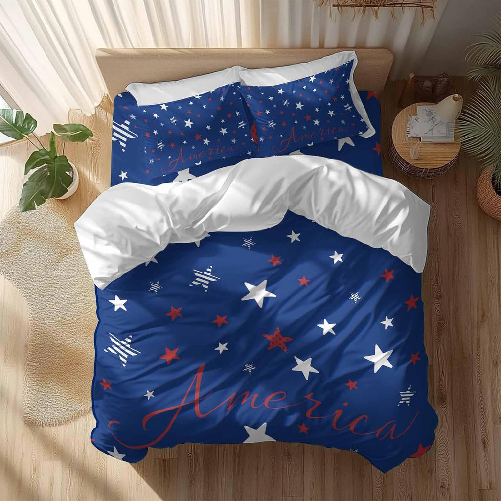 Independence Day Duvet Cover Set Queen Size 4 Pieces Blue White Pentagram America Blue Background Bedding Set with Zipper Closure, 1 Comforter Cover 90x92 Inches 1 Flat Sheet & 2 Pillow Cases