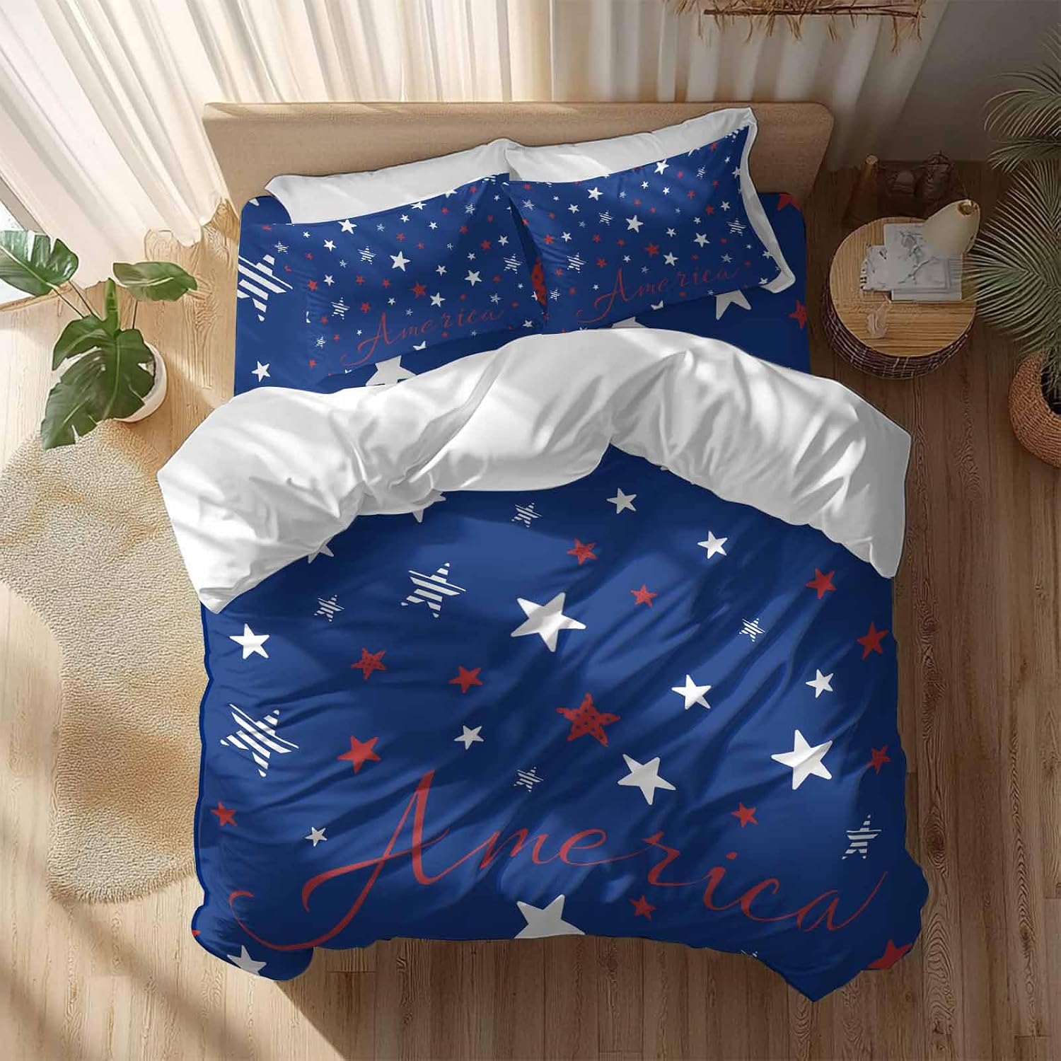 Independence Day Duvet Cover Set Queen Size 4 Pieces Blue White Pentagram America Blue Background Bedding Set with Zipper Closure, 1 Comforter Cover 90x92 Inches 1 Flat Sheet & 2 Pillow Cases