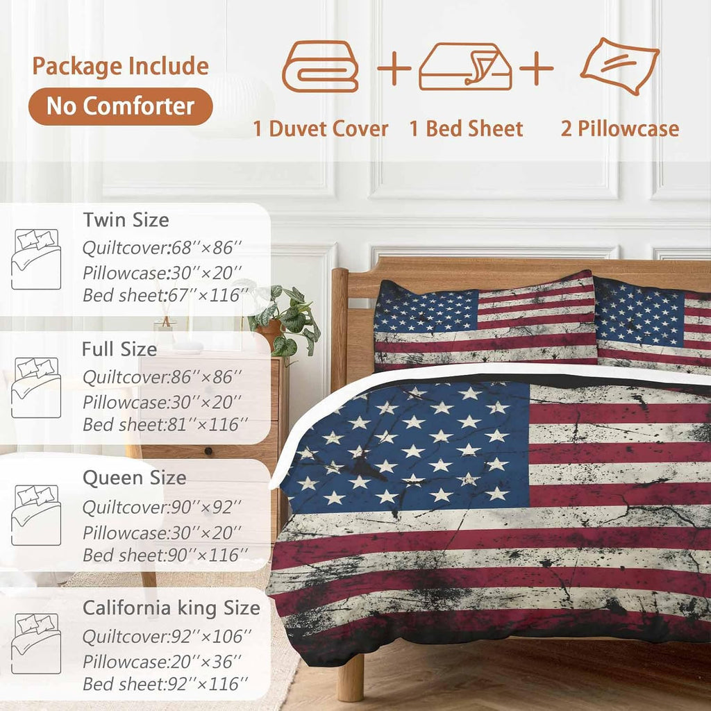 Prime Leader Independence Day Duvet Cover Set Queen Size 4 Pieces Mottled U. S. Flag Shabby Chic Vintage Bedding Set with Zipper Closure, 1 Comforter Cover 86x86 Inches 1 Flat Sheet & 2 Pillow Cases