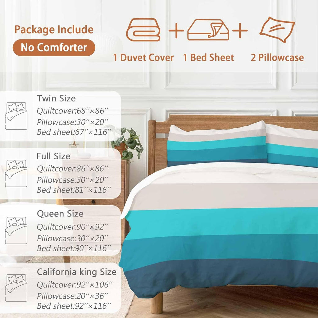 Prime Leader Geometric Stripes Duvet Cover Set Queen Size 4 Pieces Minimalist Turquoise Gradient Pattern Bedding Set with Zipper Closure, 1 Comforter Cover 86x86 Inches 1 Flat Sheet & 2 Pillow Cases