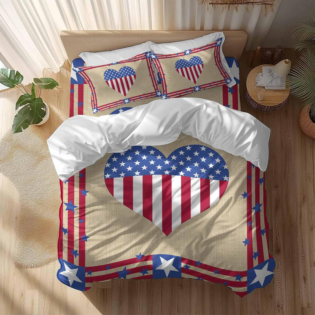 Prime Leader Happy 4th Duvet Cover Set Queen Size 4 Pieces of July USA Flag Love Heart Retro Linen Bedding Set with Zipper Closure, 1 Comforter Cover 86x86 Inches 1 Flat Sheet & 2 Pillow Cases