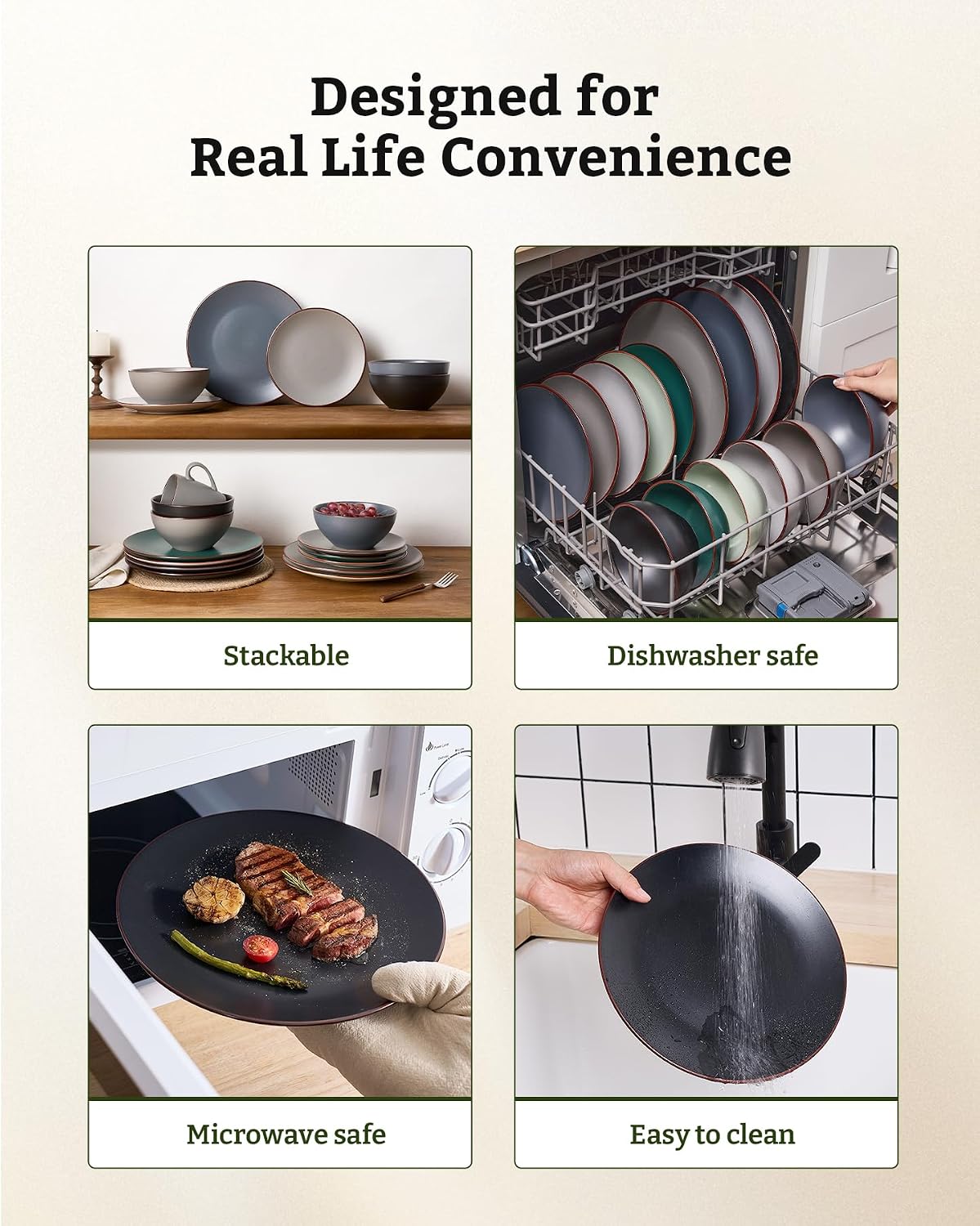 Famiware Venus 16-Piece Stoneware Dinnerware Sets with Mugs, Plates, Bowls, Service for 4, Matte Black - Modern Ceramic Chip‑Resistant Dishes for Everyday & Formal Use, Microwave & Dishwasher Safe