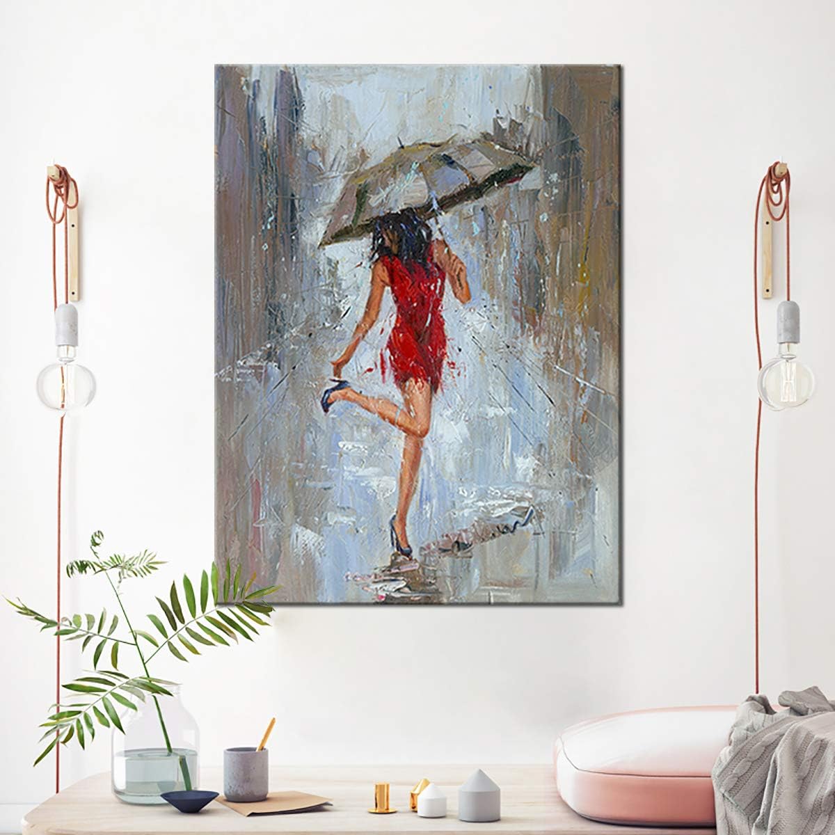 Large Abstract Canvas Wall Art Rain Modern Print Painting Girl Umbrella with Red Dress Walking in Street Huge Figure Artwork