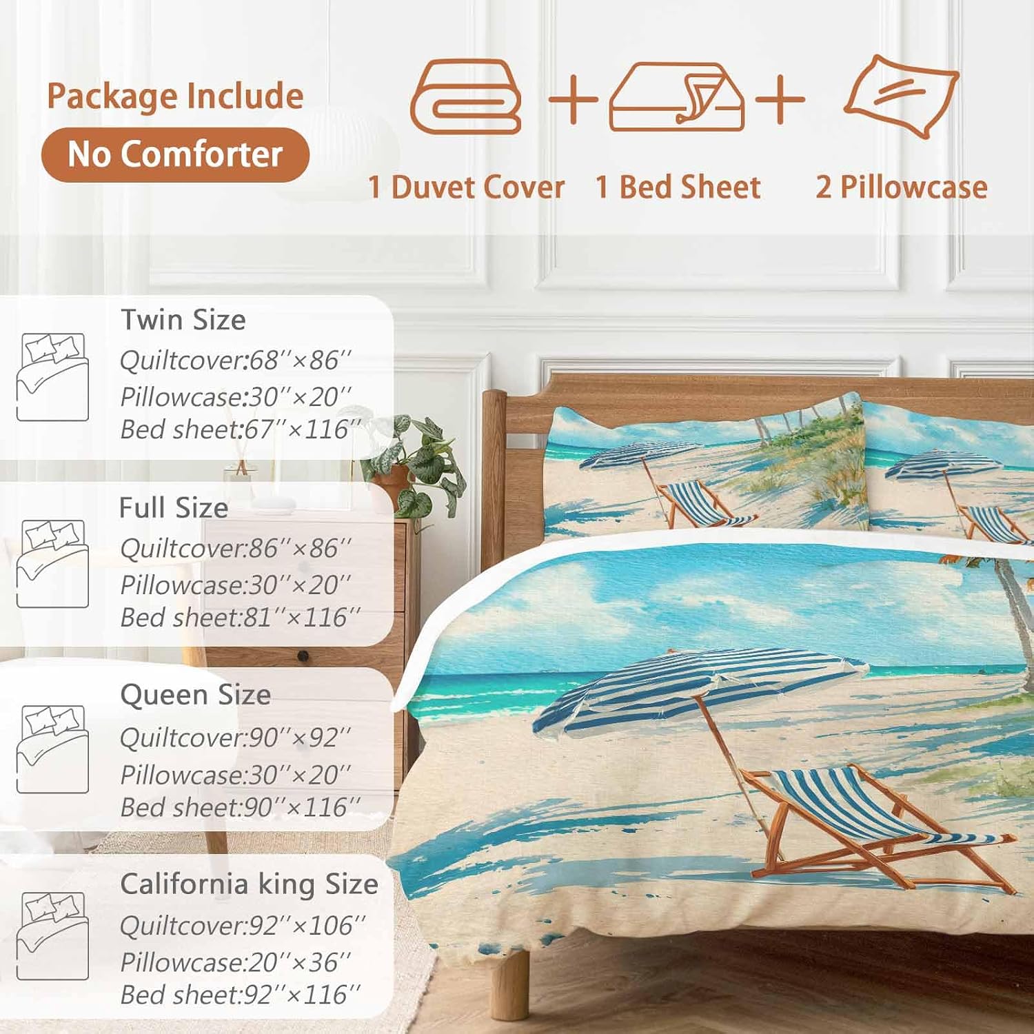 Summer Beach Duvet Cover Set Queen Size 4 Pieces Vintage Sunshade Lounge Chair Coastal Blue Striped Bedding Set with Zipper Closure, 1 Comforter Cover 86x86 Inches 1 Flat Sheet & 2 Pillow Cases