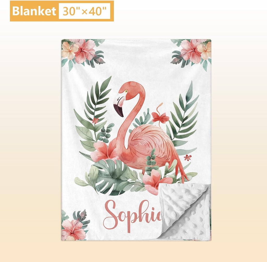 Terwex Personalized Baby Crib Bedding Set, 5 Pcs Custom Name Nursery Bedding Set, Flamingo Baby Bedding Set for Girls Boys, Double Layer Flannel Baby Crib Set, Toddlers Kids Infants Customized Gifts