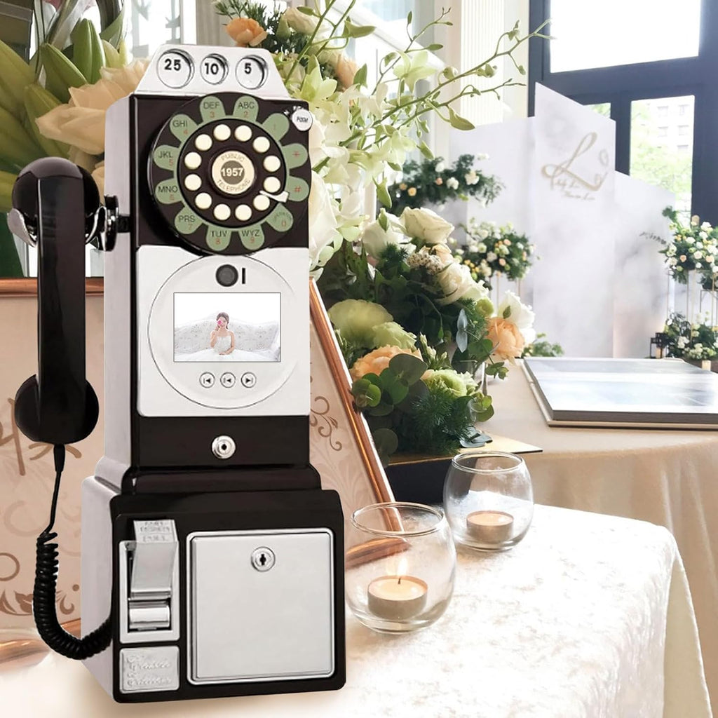Video & Audio Guest Book Wedding Phone, Five Levels Brightness, Retro Landline Style Guestbook, 1080p HD Audio Phone Guestbook for a Variety of Memorable Party Occasions,Black-32GB