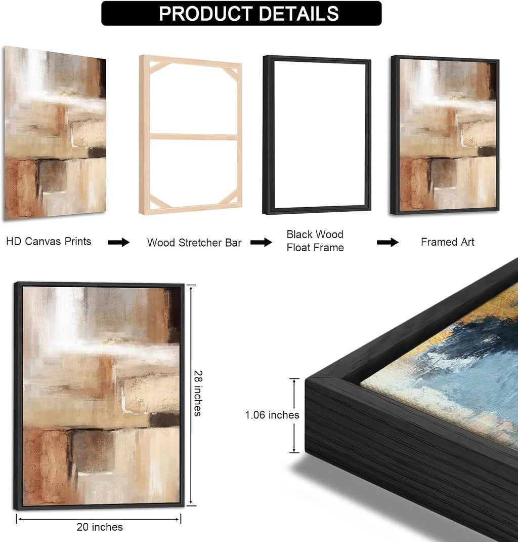 ASDCEUTICALS Large Canvas Wall Art - Brown and Beige Abstract Pictures for Living Room Vintage Wall Decor Retro Rustic Paintings Black Float Framed for Bedroom Dinning Room 20' X 28' X 3 pcs