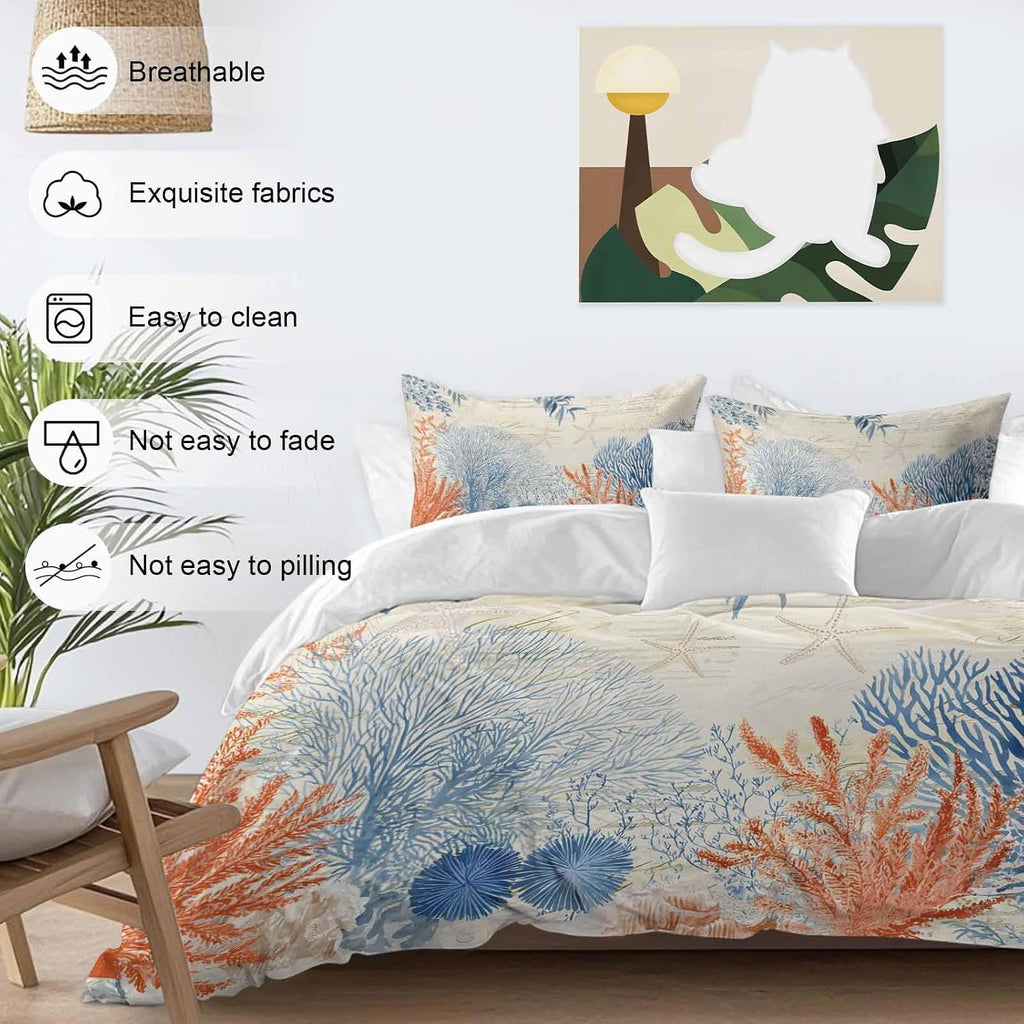 Prime Leader Ocean Corals Duvet Cover Set Queen Size 4 Pieces Summer Beach Coral Sea Stars Retro Texture Bedding Set with Zipper Closure, 1 Comforter Cover 86x86 Inches 1 Flat Sheet & 2 Pillow Cases