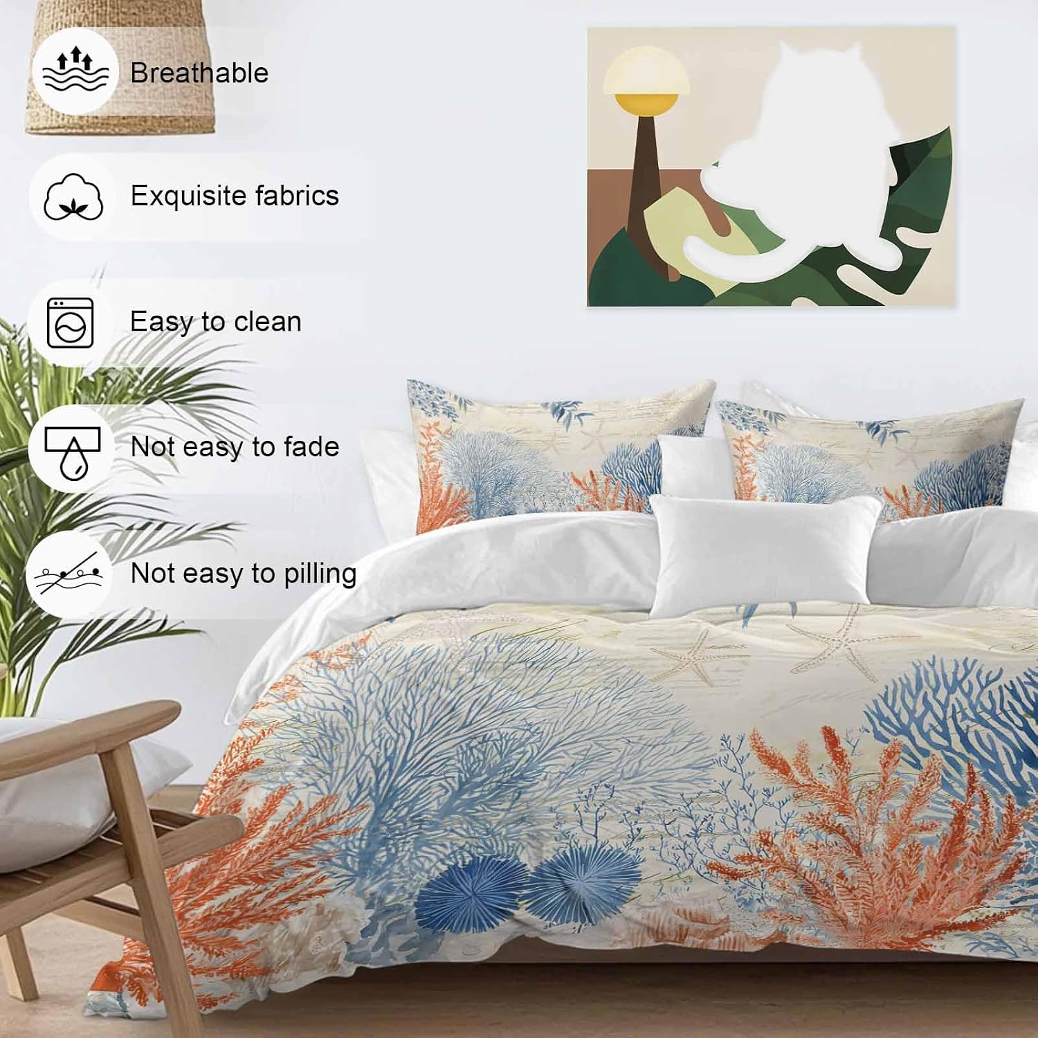 Prime Leader Ocean Corals Duvet Cover Set Queen Size 4 Pieces Summer Beach Coral Sea Stars Retro Texture Bedding Set with Zipper Closure, 1 Comforter Cover 86x86 Inches 1 Flat Sheet & 2 Pillow Cases