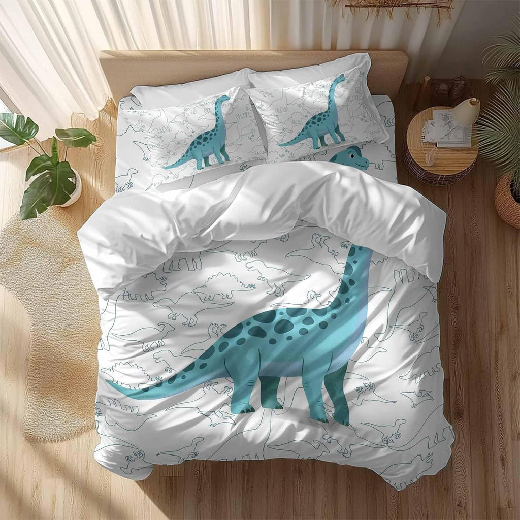 Prime Leader Green Dinosaur Duvet Cover Set Queen Size 4 Pieces Sketching Edges Dinosaur Cartoon Animal Bedding Set with Zipper Closure, 1 Comforter Cover 86x86 Inches 1 Flat Sheet & 2 Pillow Cases