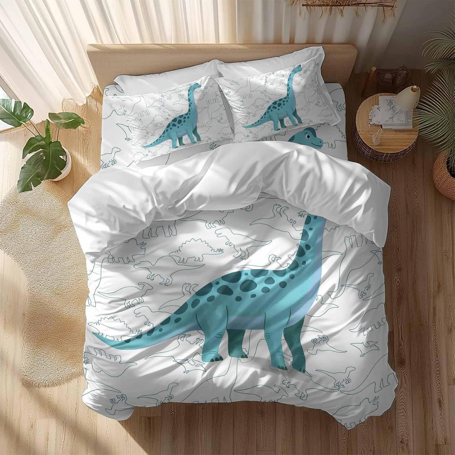 Prime Leader Green Dinosaur Duvet Cover Set Queen Size 4 Pieces Sketching Edges Dinosaur Cartoon Animal Bedding Set with Zipper Closure, 1 Comforter Cover 86x86 Inches 1 Flat Sheet & 2 Pillow Cases