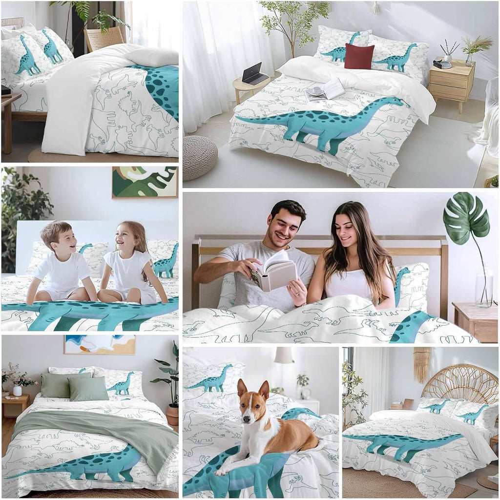 Prime Leader Green Dinosaur Duvet Cover Set Queen Size 4 Pieces Sketching Edges Dinosaur Cartoon Animal Bedding Set with Zipper Closure, 1 Comforter Cover 86x86 Inches 1 Flat Sheet & 2 Pillow Cases