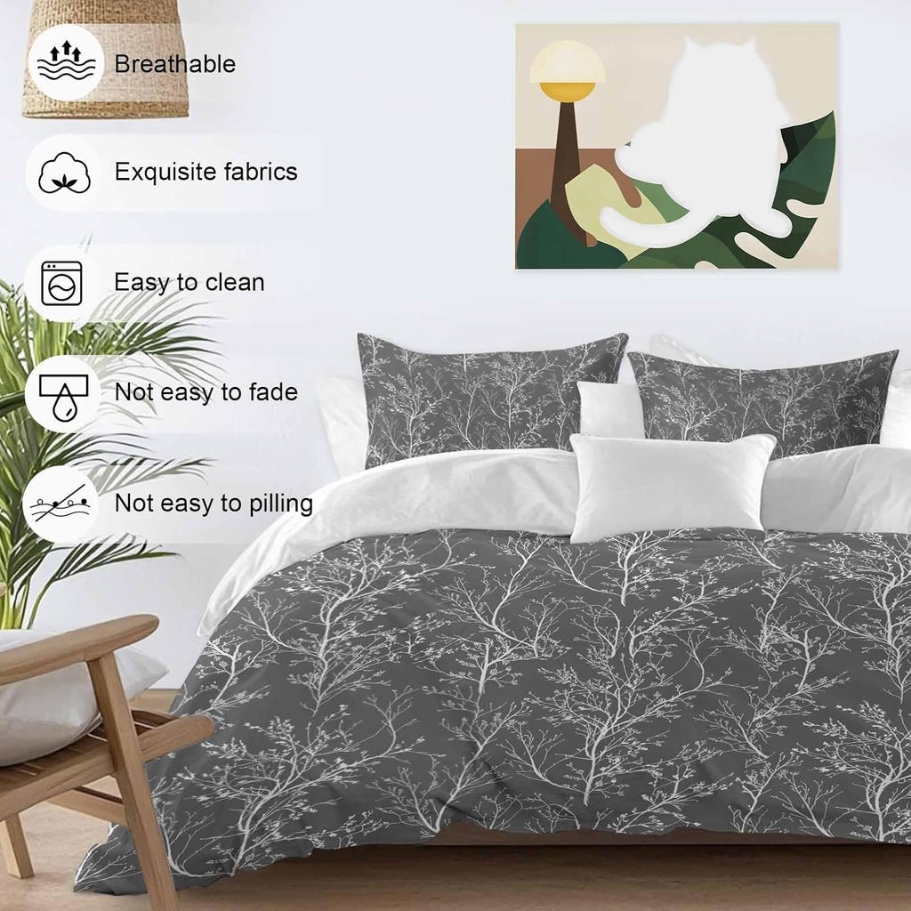 Dark Grey Duvet Cover Set Queen Size 4 Pieces White Tree Branch Botanical Abstract Plant Leaves Bedding Set with Zipper Closure, 1 Comforter Cover 90x92 Inches 1 Flat Sheet & 2 Pillow Cases