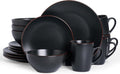 Famiware Venus 16-Piece Stoneware Dinnerware Sets with Mugs, Plates, Bowls, Service for 4, Matte Black - Modern Ceramic Chip‑Resistant Dishes for Everyday & Formal Use, Microwave & Dishwasher Safe