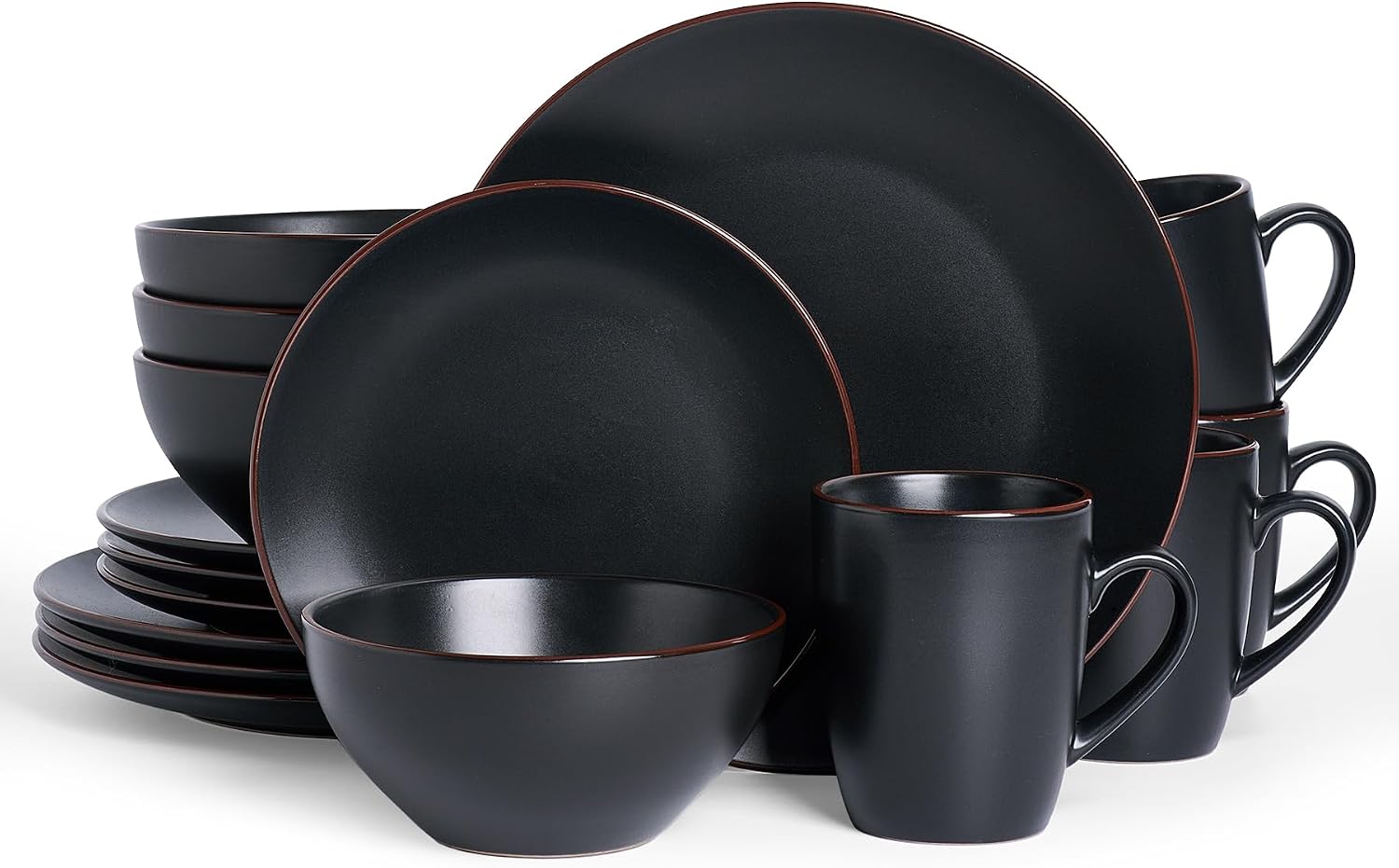 Famiware Venus 16-Piece Stoneware Dinnerware Sets with Mugs, Plates, Bowls, Service for 4, Matte Black - Modern Ceramic Chip‑Resistant Dishes for Everyday & Formal Use, Microwave & Dishwasher Safe