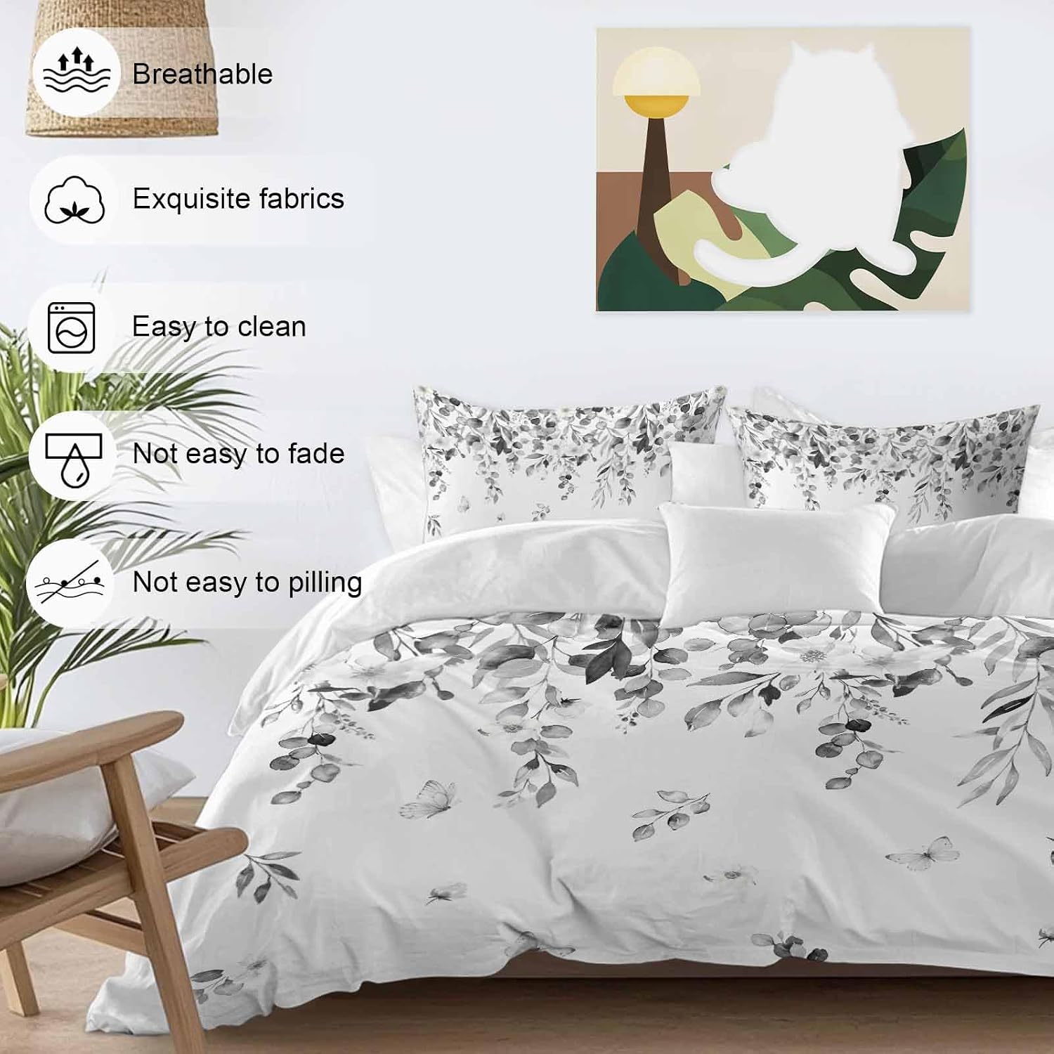 Summer Botanical Duvet Cover Set Queen Size 4 Pieces Gray Eucalyptus Leaves Rustic Farmhouse Pastoral Bedding Set with Zipper Closure, 1 Comforter Cover 90x92 Inches 1 Flat Sheet & 2 Pillow Cases
