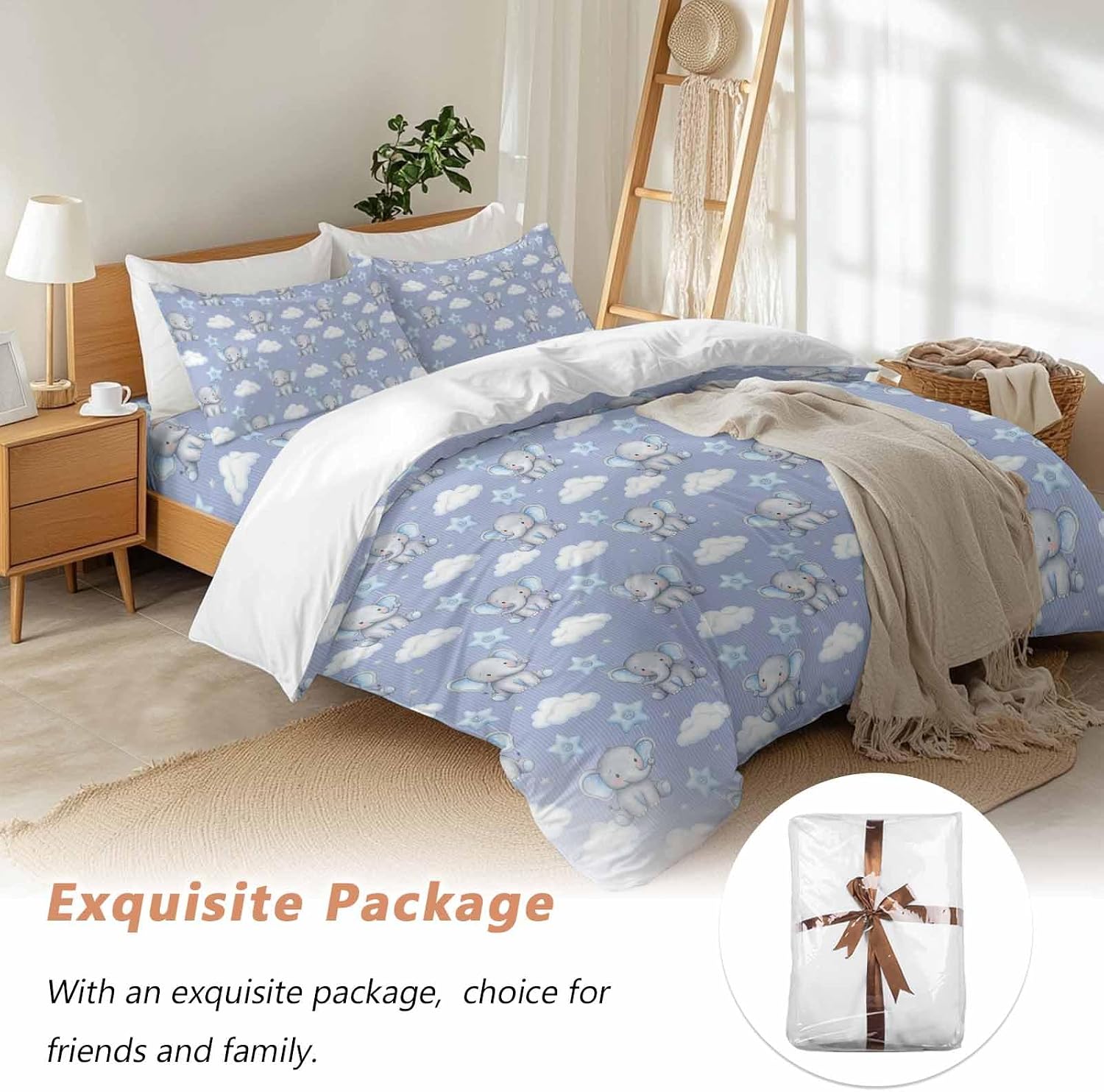 Blue Dreamy Elephant Duvet Cover Set Queen Size 4 Pieces Cartoon Animal Cloud Stars Fairytale Style Bedding Set with Zipper Closure, 1 Comforter Cover 90x92 Inches 1 Flat Sheet & 2 Pillow Cases