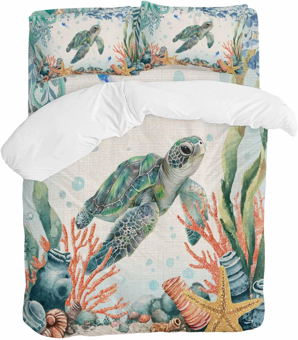 Summer Ocean Turtle Duvet Cover Set Queen Size 4 Pieces Nautical Colorful Sea Fish Octopus Coral Linen Bedding Set with Zipper Closure, 1 Comforter Cover 90x92 Inches 1 Flat Sheet & 2 Pillow Cases
