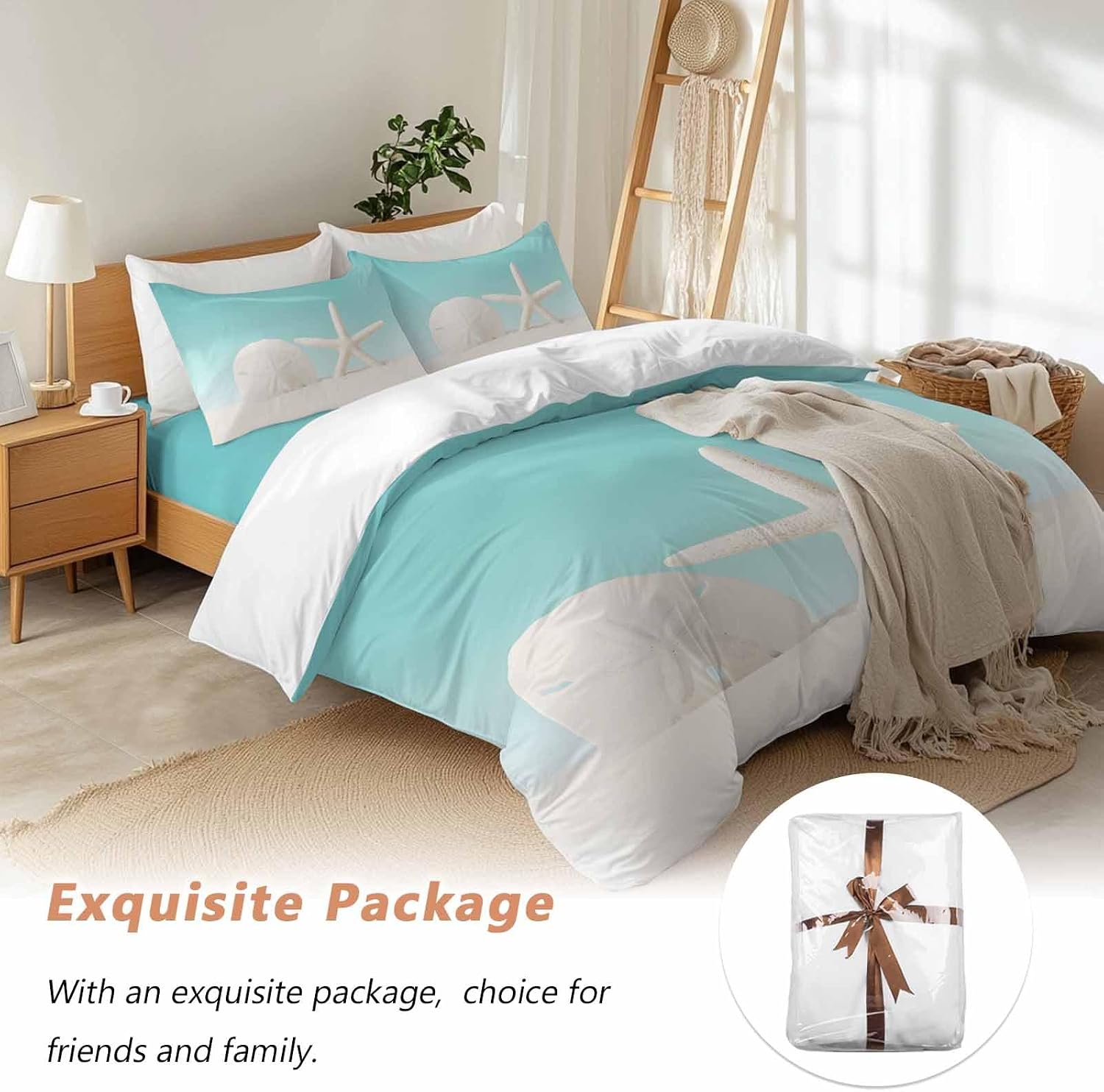 Beach Starfish Sand Dollar Duvet Cover Set Queen Size 4 Pieces Modern Nautical Ocean Marine Life Teal Bedding Set with Zipper Closure, 1 Comforter Cover 92x106 Inches 1 Flat Sheet & 2 Pillow Cases