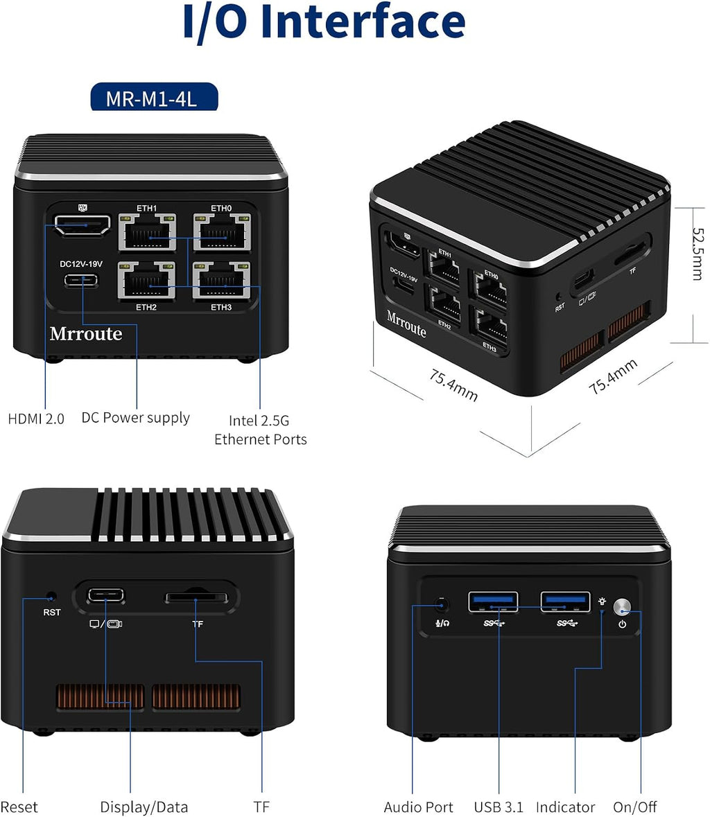 MR-M1 Plus Mini Router Alder Lake i3-N305, 8C/8T, up to 3.8 GHz,16G RAM NO SSD, Type-C/HDMI 4K Dual Display,4X LAN i226-V 2.5GbE Ports/USB3.1 Gen2,Linux/Ubuntu PC