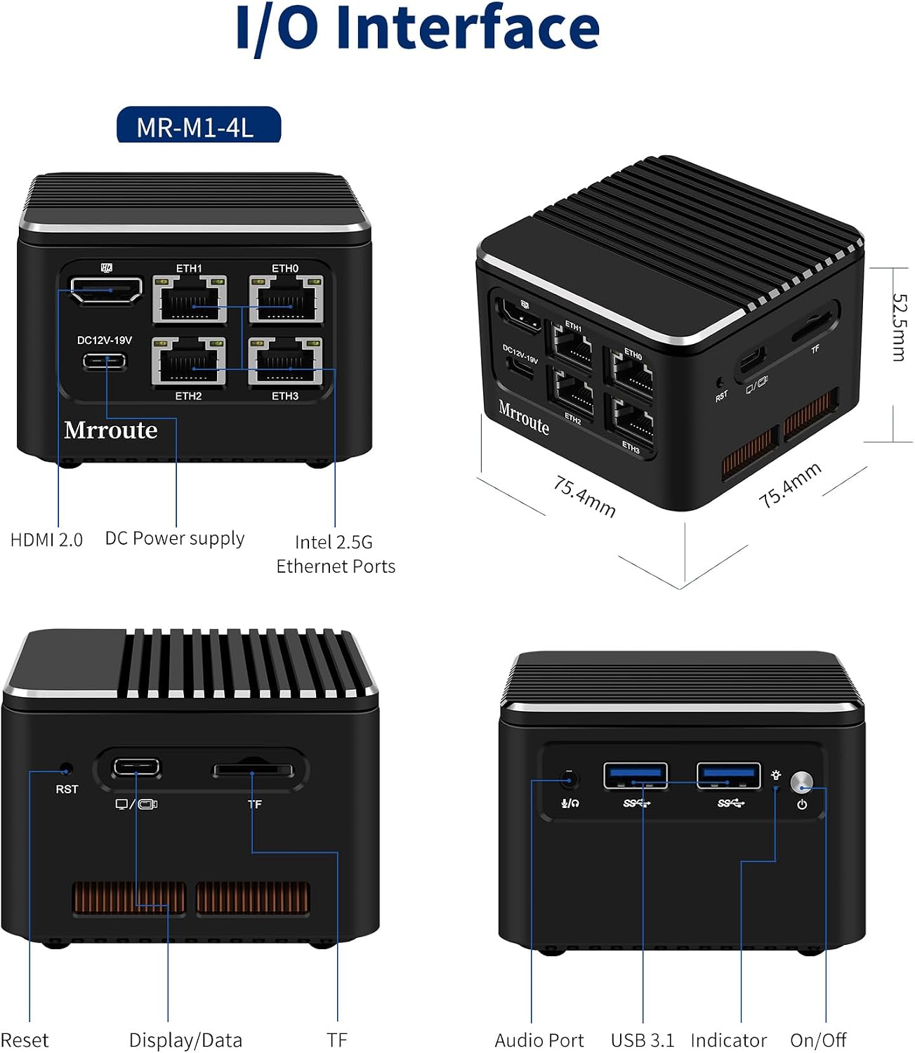 MR-M1 Plus Mini Router Alder Lake i3-N305, 8C/8T, up to 3.8 GHz,16G RAM NO SSD, Type-C/HDMI 4K Dual Display,4X LAN i226-V 2.5GbE Ports/USB3.1 Gen2,Linux/Ubuntu PC