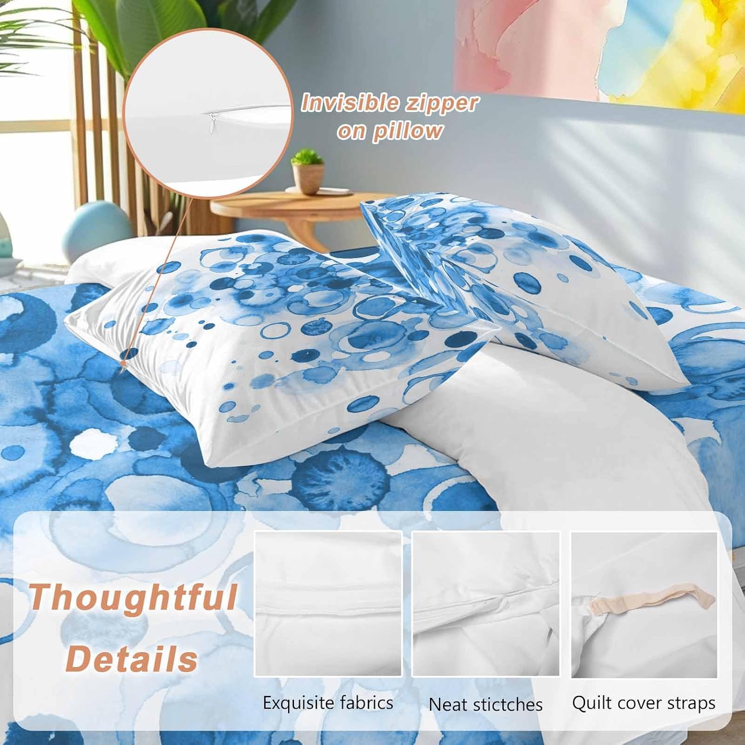 Abstract Duvet Cover Set Queen Size 4 Pieces Blue Gradient Watercolors Ink Points Minimalist Style Bedding Set with Zipper Closure, 1 Comforter Cover 90x92 Inches 1 Flat Sheet & 2 Pillow Cases