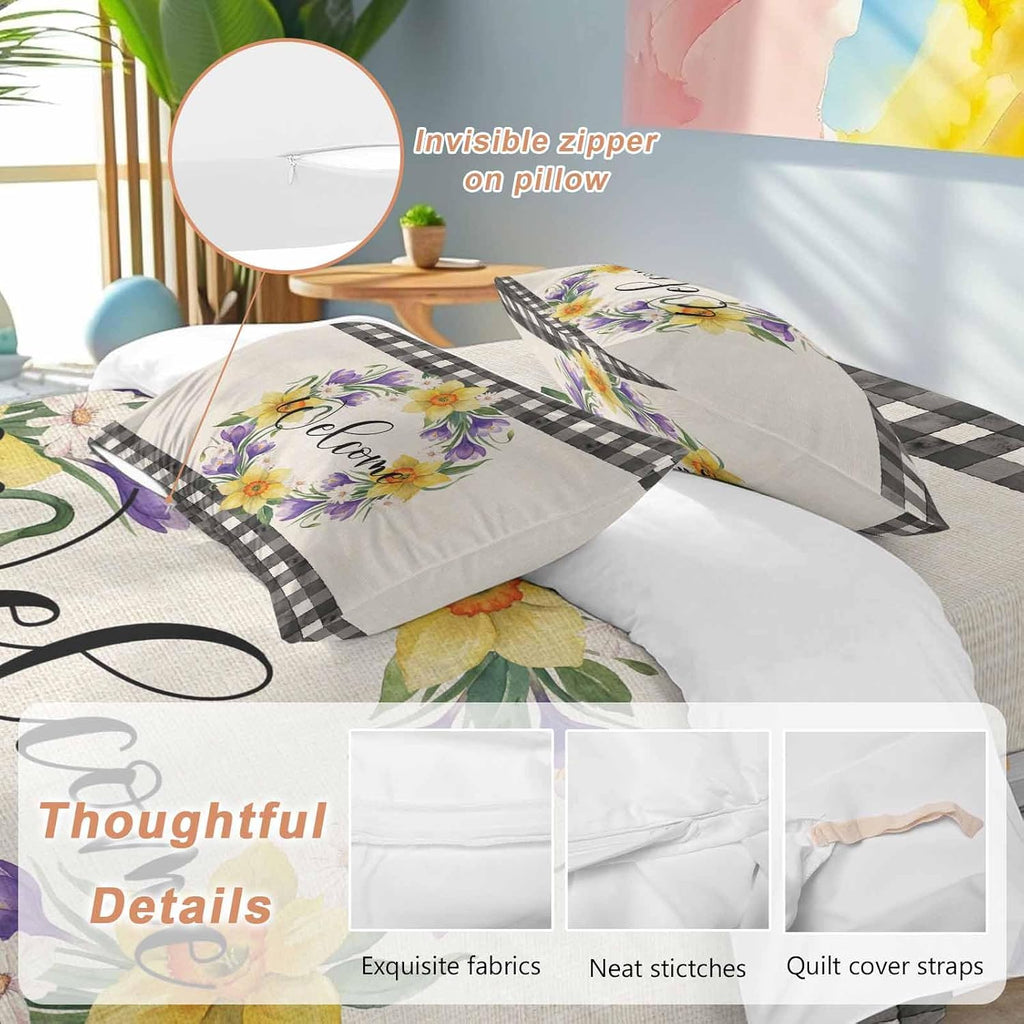 Welcome Duvet Cover Set Queen Size 4 Pieces Vintage Purple Yellow Floral Wreath Linen Texture Bedding Set with Zipper Closure, 1 Comforter Cover 86x86 Inches 1 Flat Sheet & 2 Pillow Cases