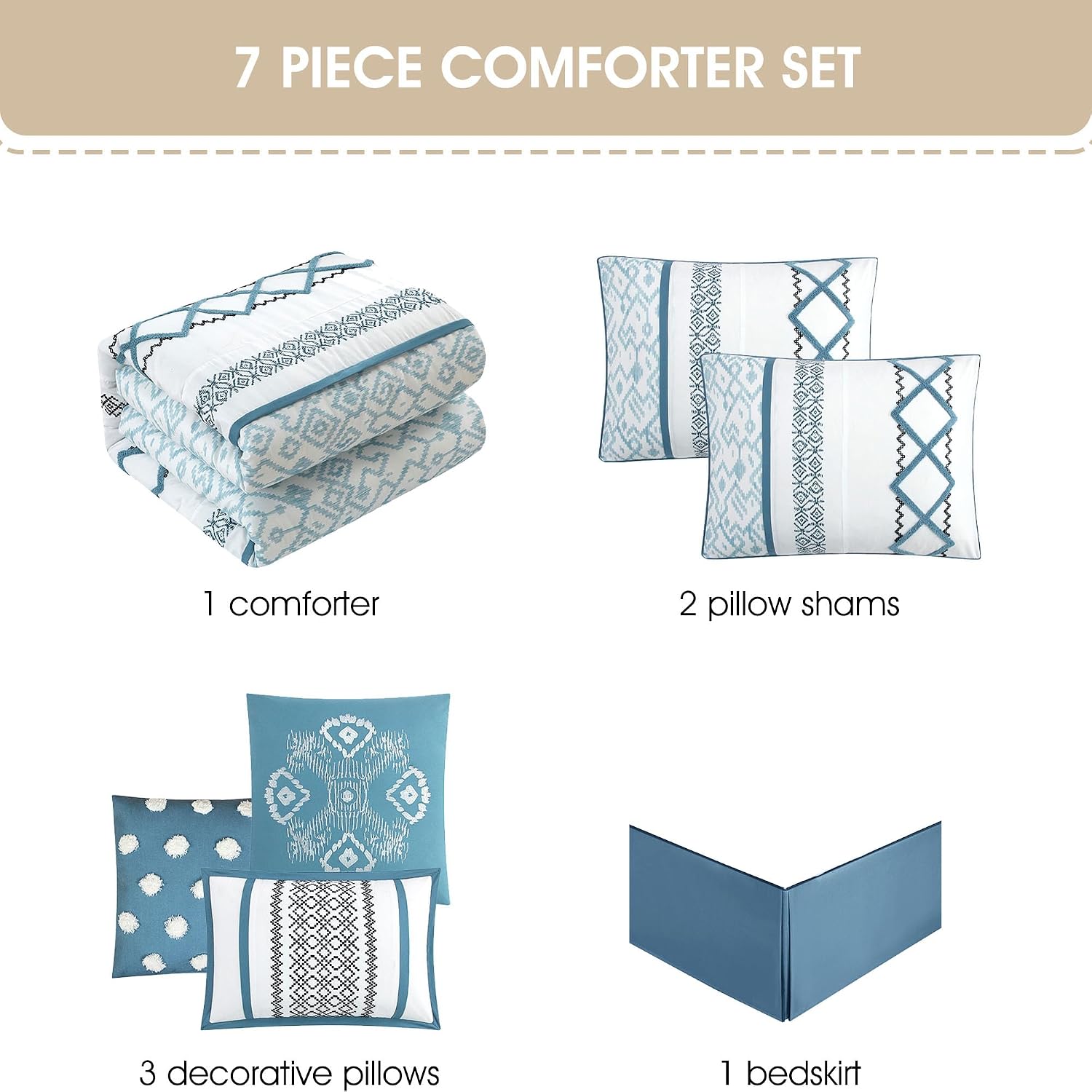 Grand Avenue Blue Comforter Set King Size, 7 Piece Terry Embroidery All Season Bedding Set, Bedskirt, Pillows & Shams