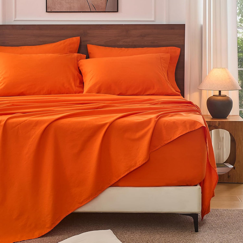 Bedlifes 100% French Linen Sheets King Size 18-24' Extra Deep Pocket 4-Piece Set Breathable & Moisture-Wicking,Soft & Durable Sheets for Thick Mattresses(Orange)