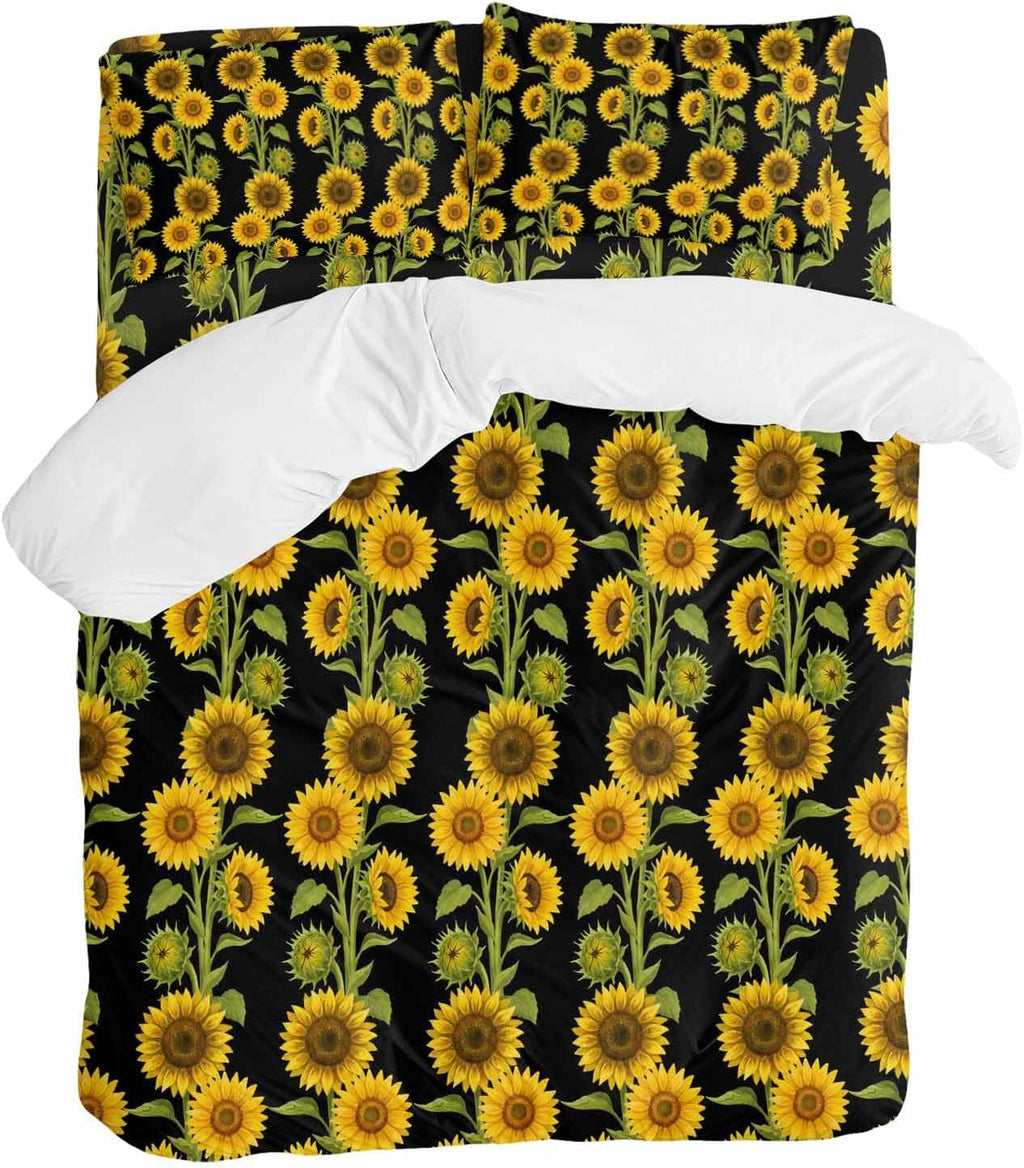 Prime Leader Retro Sunflowers Duvet Cover Set Queen Size 4 Pieces Summer Yellow Floral Black Background Bedding Set with Zipper Closure, 1 Comforter Cover 86x86 Inches 1 Flat Sheet & 2 Pillow Cases