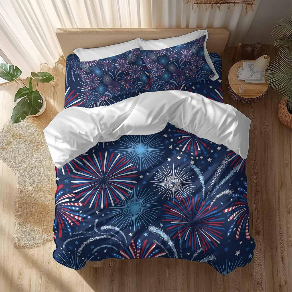 Independence Day Firework Duvet Cover Set Queen Size 4 Pieces Patriotic Red Blue Firework Dark Blue Bedding Set with Zipper Closure, 1 Comforter Cover 86x86 Inches 1 Flat Sheet & 2 Pillow Cases