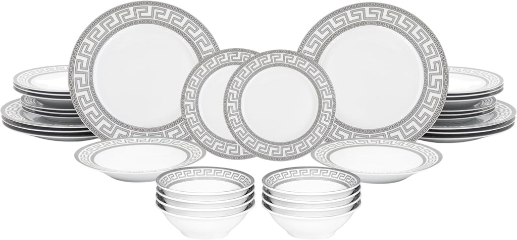 32 Piece Porcelain Dinnerware Sets for 8 – White Plates and Bowls with Silver Greek Key Design - Dish Set for Kitchen Table, Everyday Dining or Formal Occasions (Meander Silver)
