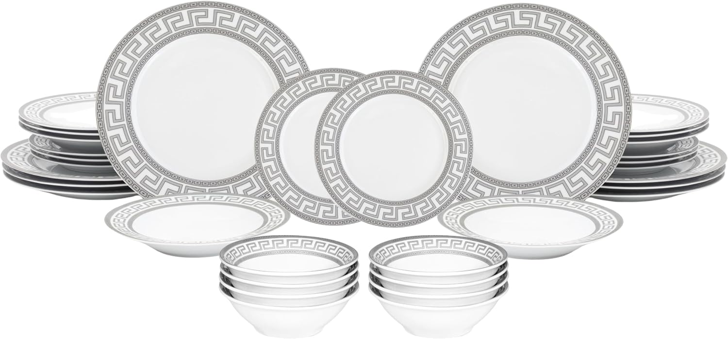 32 Piece Porcelain Dinnerware Sets for 8 – White Plates and Bowls with Silver Greek Key Design - Dish Set for Kitchen Table, Everyday Dining or Formal Occasions (Meander Silver)