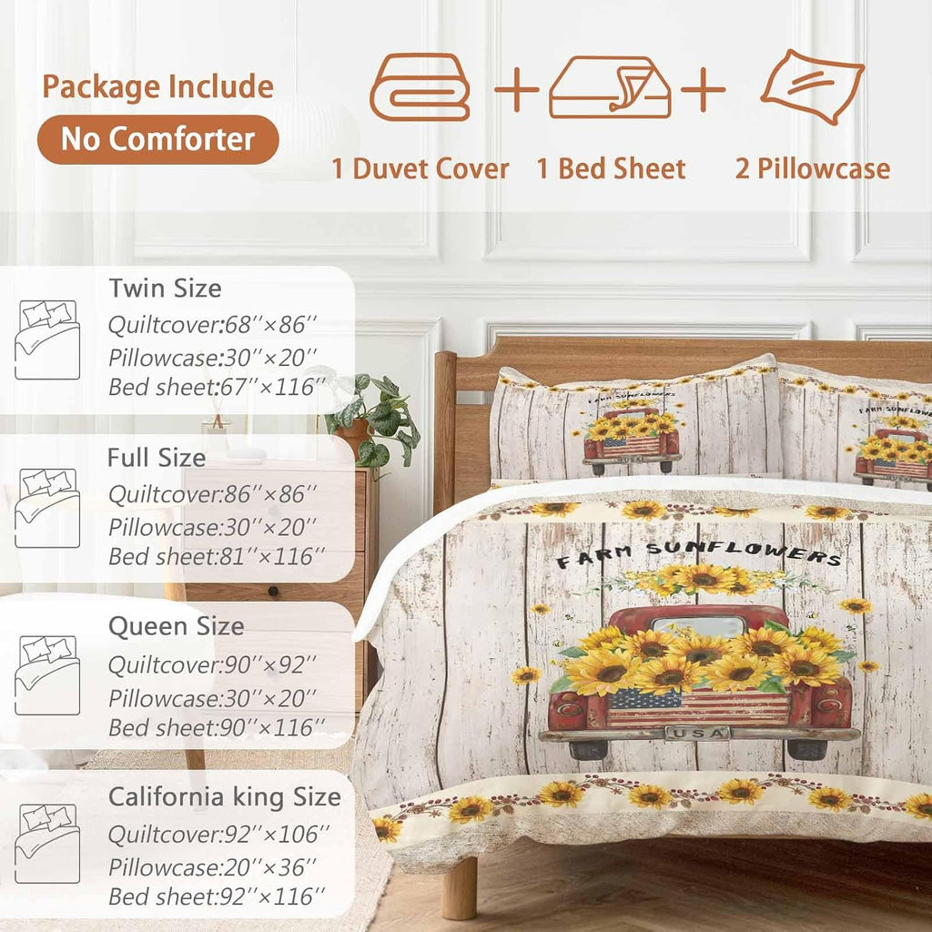 Farm Sunflowers Duvet Cover Set Queen Size 4 Pieces Summer Floral Truck Leaves Fruit Wood Grain Bedding Set with Zipper Closure, 1 Comforter Cover 86x86 Inches 1 Flat Sheet & 2 Pillow Cases
