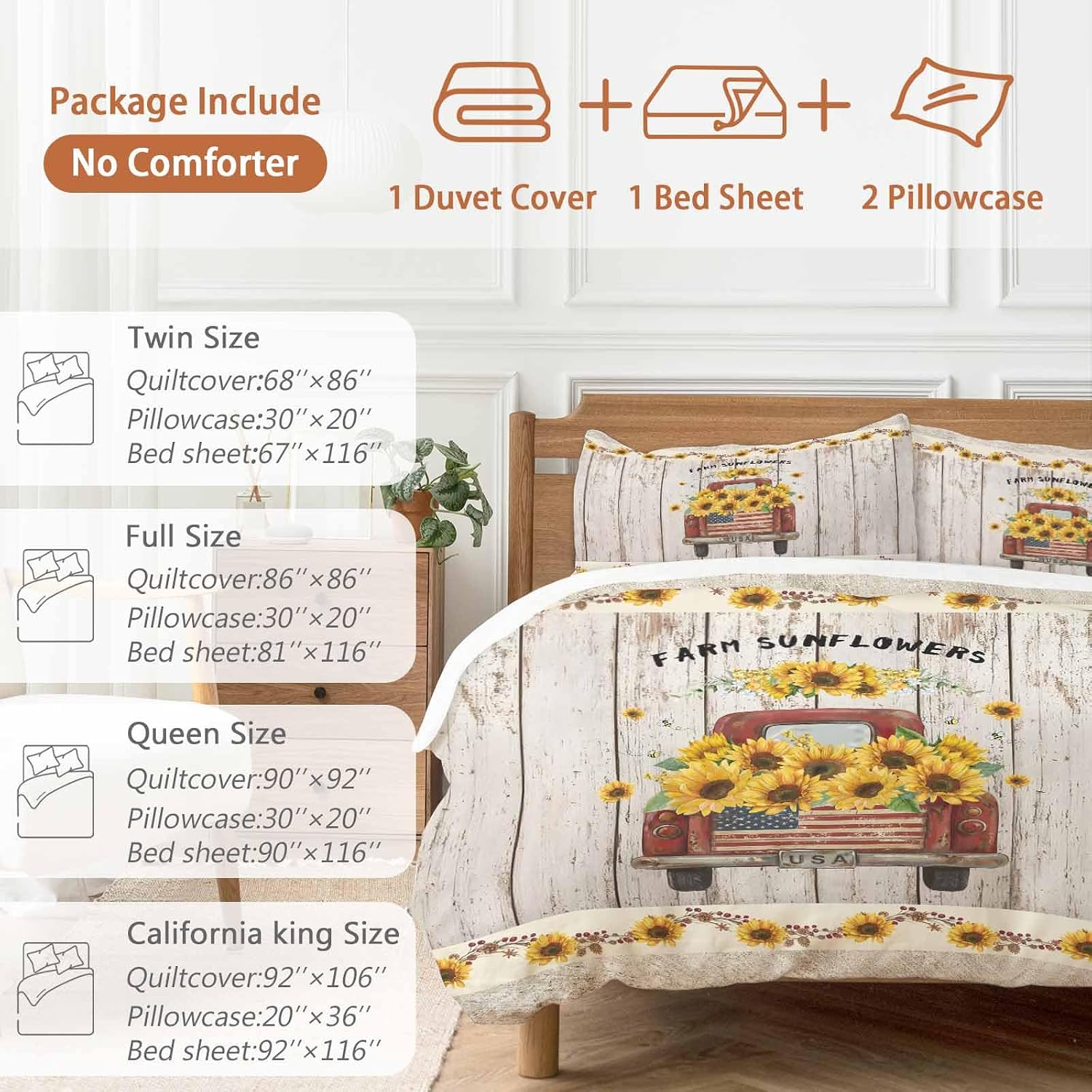 Farm Sunflowers Duvet Cover Set Queen Size 4 Pieces Summer Floral Truck Leaves Fruit Wood Grain Bedding Set with Zipper Closure, 1 Comforter Cover 86x86 Inches 1 Flat Sheet & 2 Pillow Cases
