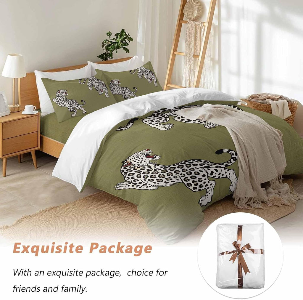 Green Leopard Duvet Cover Set Queen Size 4 Pieces Modern Style Wild Animal Rustic Linen Texture Bedding Set with Zipper Closure, 1 Comforter Cover 86x86 Inches 1 Flat Sheet & 2 Pillow Cases
