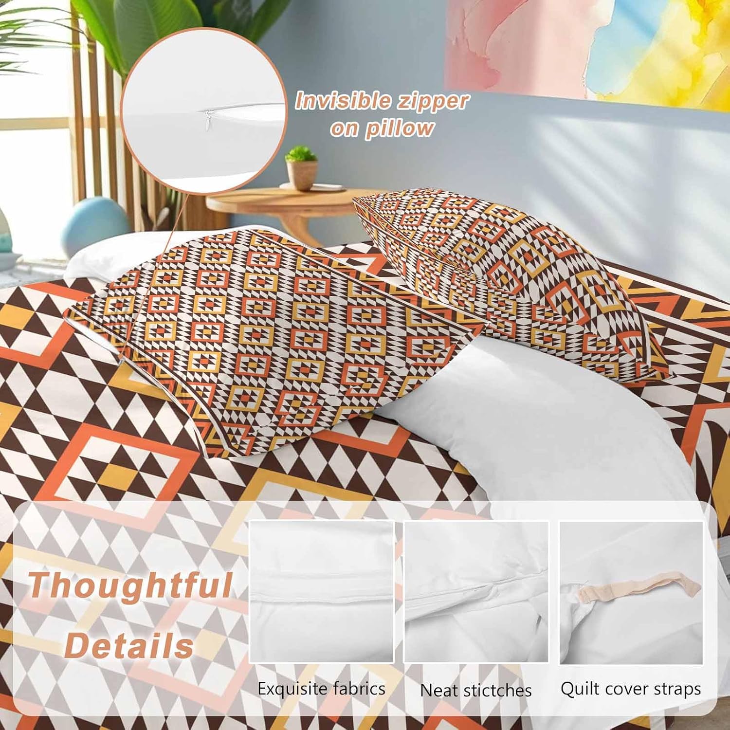 Native Striped Duvet Cover Set Queen Size 4 Pieces Yellow Orange Tribe Geometric Abstract Ethnic Plaid Bedding Set with Zipper Closure, 1 Comforter Cover 92x106 Inches 1 Flat Sheet & 2 Pillow Cases