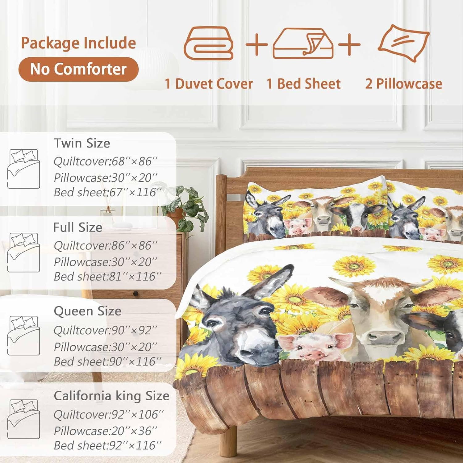 Farm Animal Duvet Cover Set Queen Size 4 Pieces Vintage Farmhouse Donkey Pig Cow Sunflower Leaf Wood Fence Bedding Set with Zipper Closure, 1 Comforter Cover 86x86 Inches 1 Flat Sheet & 2 Pillow Cases