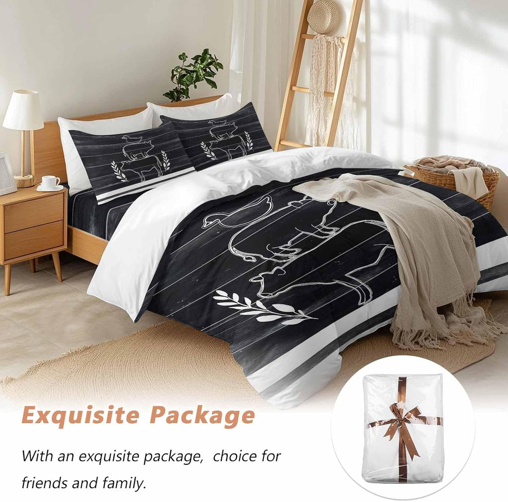 Farm Animals Duvet Cover Set Queen Size 4 Pieces Farmhouse Black Gray Cow Pig Duck Black Wood Grain Bedding Set with Zipper Closure, 1 Comforter Cover 86x86 Inches 1 Flat Sheet & 2 Pillow Cases