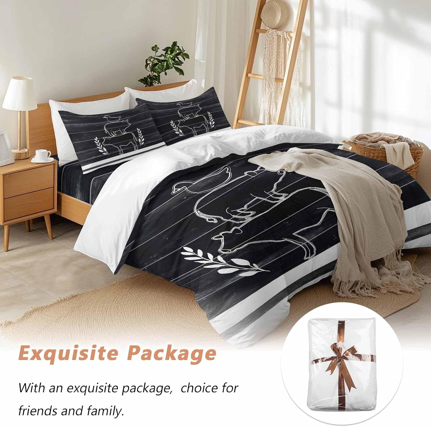 Farm Animals Duvet Cover Set Queen Size 4 Pieces Farmhouse Black Gray Cow Pig Duck Black Wood Grain Bedding Set with Zipper Closure, 1 Comforter Cover 86x86 Inches 1 Flat Sheet & 2 Pillow Cases